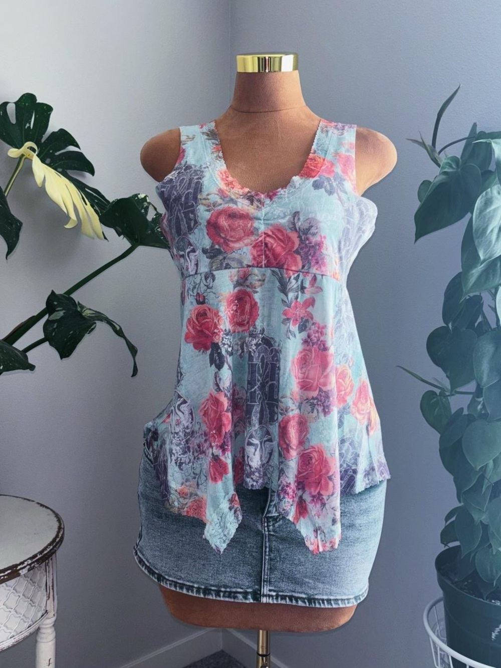 Harley Davidson Y2K Floral Handkerchief Hem Tank Top Rose Print Fairy Grunge
